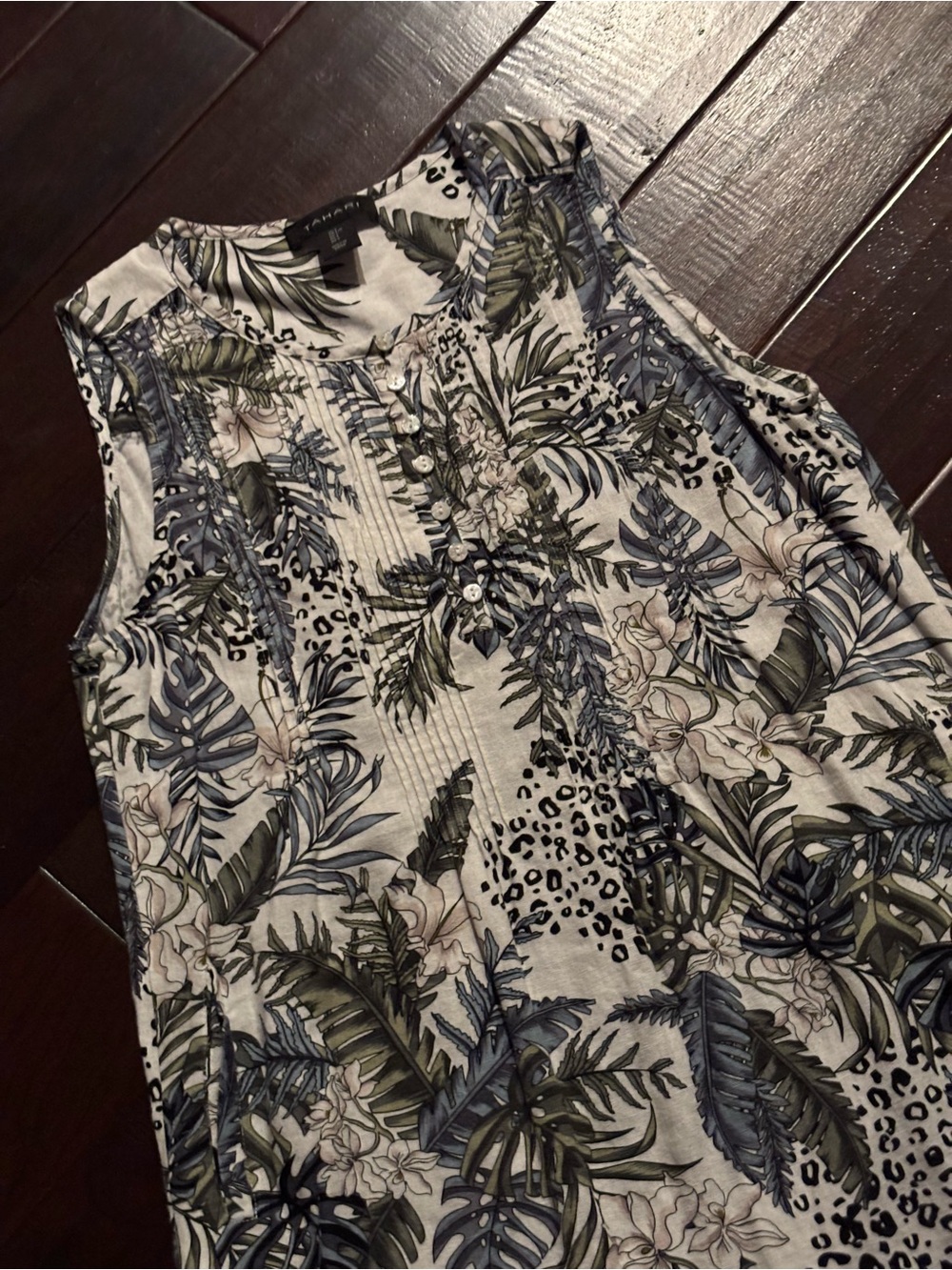 Tahari Linen Blend Dress Tropical Leopard Print Pintuck Shift Womens Size Large - Picture 3 of 7